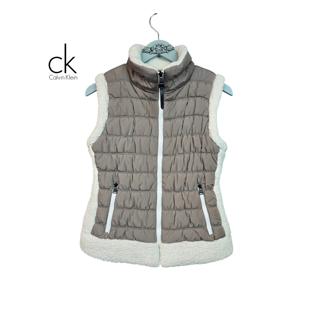 Calvin‎ Klein Performance Womens Taupe Quilted Sherpa Fleece Puffer Vest Medium